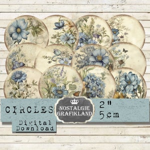 Blue Flowers Circles 2 polegadas Shabby Chic Floral Journaling Download instantâneo folha de colagem digital C079