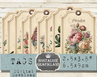Peonies Tags printable Peony Flowers Floral Journaling Gift Tag Download digital collage sheet T050