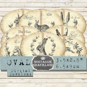 Haas Rabbit Le Lapin Labels Vintage ovale 3,5 x 2,5 inch ovalen Instant Download digitale collageblad Lievre Bunny Bunnies O112