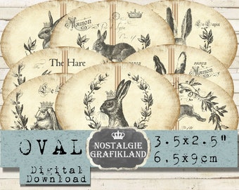 Haas Rabbit Le Lapin Labels Vintage ovale 3,5 x 2,5 inch ovalen Instant Download digitale collageblad Lievre Bunny Bunnies O112