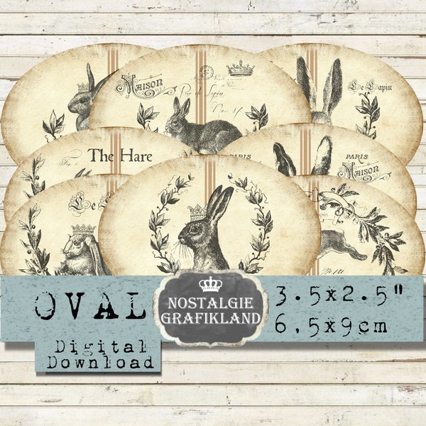 Hare Rabbit Le Lapin Labels Vintage Oval 3.5 x 2.5 inch Ovals Instant Download digital collage sheet Lievre Bunny Bunnies O112