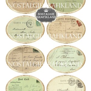 Pu&ograve; includere: Sei cartoline ovali vintage con un aspetto usurato e invecchiato. Le cartoline presentano testo in francese, tra cui "Carte Postale" e "Republique Francaise".