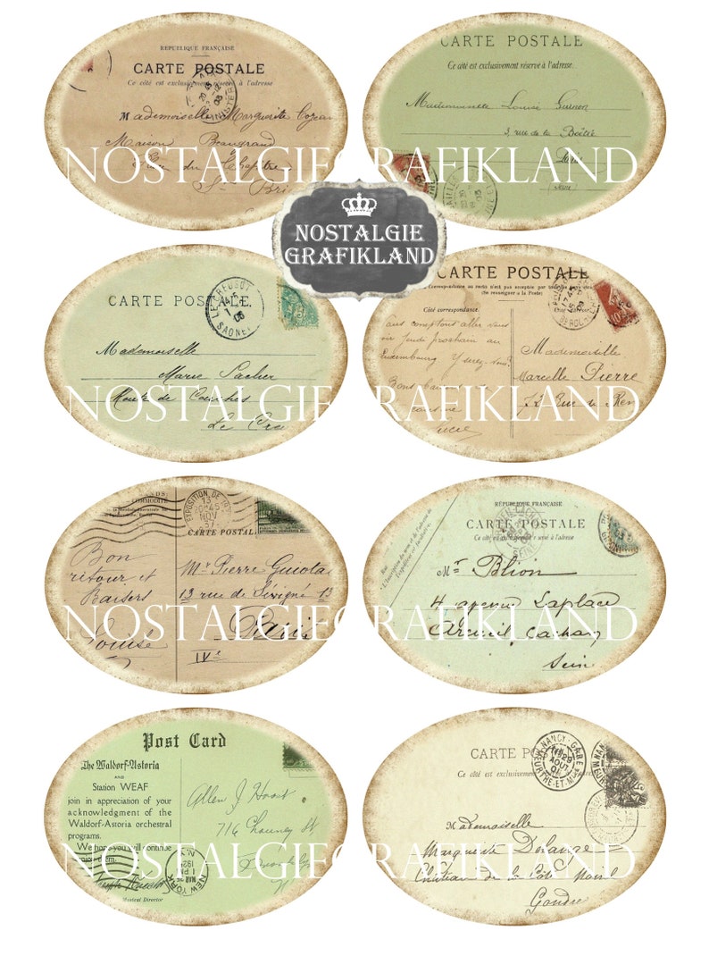 Pu&ograve; includere: Sei cartoline ovali vintage con un aspetto usurato e invecchiato. Le cartoline presentano testo in francese, tra cui "Carte Postale" e "Republique Francaise".
