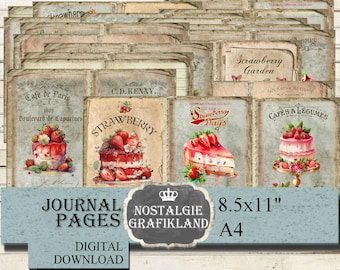 STRAWBERRIES Journal Pages Recipes Strawberry Bakery Cakes Cupcakes Shabby Chic printable Download JPA037