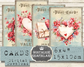 Valentines Day Valentine Hearts Postcards Roses Flowers Cards Floral 6x4" digital collage sheet D094