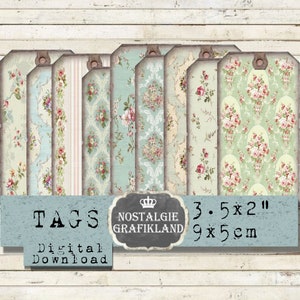 Tagi tła Shabby Chic Roses do wydrukowania Wydruki kwiatowe Tagi do dziennika Szwedzka róża Samodzielne drukowanie Pobierz cyfrowy kolaż T001