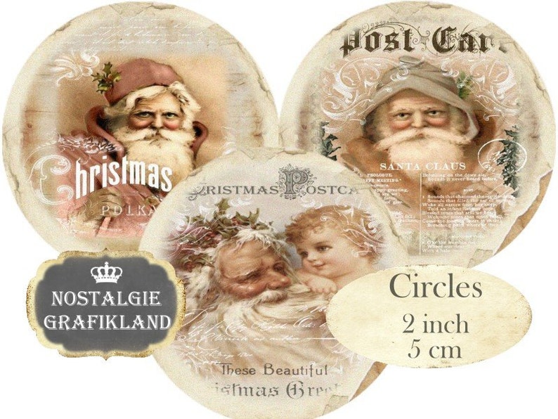 Santa Claus Father Christmas Noel Circles 2 inch Vintage Christmas Instant Download digital collage sheet C228