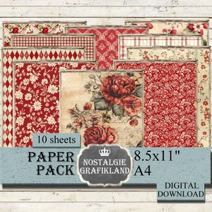 RED COLLECTION printable Papers digital Paper Pack Junk Journaling Scrapbook Vintage download 8.5x11" PP212