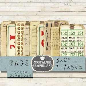 Nummers afdrukbare Vintage oude Tags Ephemera Journaling prints School Instant Download digitale collage blad T034