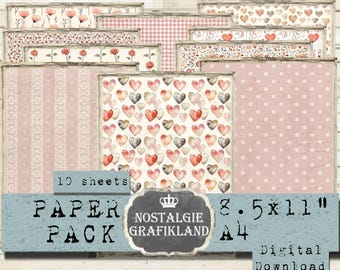 VALENTINES DAY digital Valentine Pink Paper Pack printable Love Red Hearts Scrapbook 8.5x11" PP001