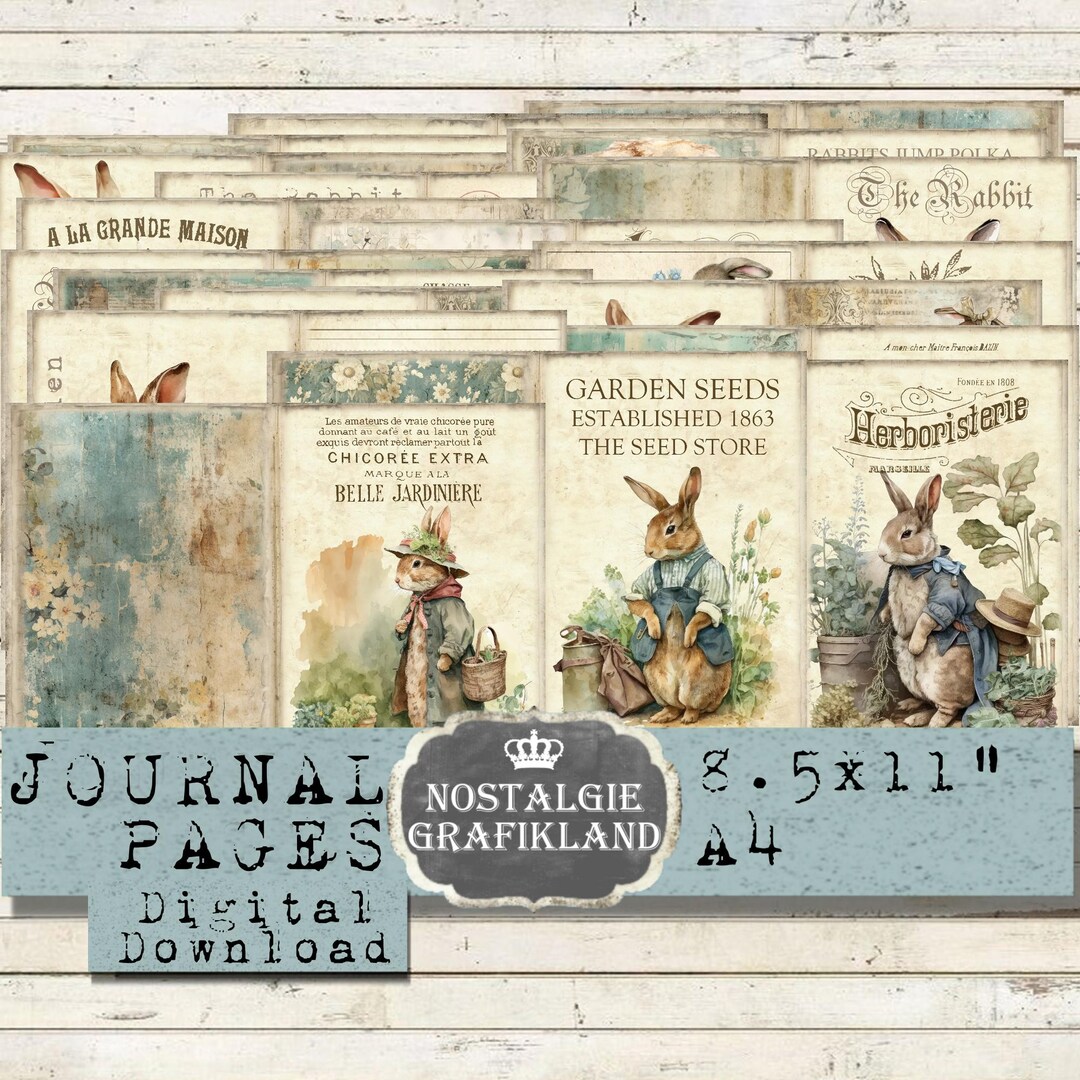 SHABBY RABBITS Journal Pages Printable Garden Farm Bunnies Hare French ...