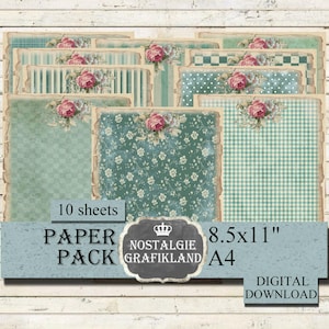 Paquete de papel imprimible con fondo verde, diseño vintage digital con rayas, puntos y cuadros, 8,5 x 11 pulgadas, PP135