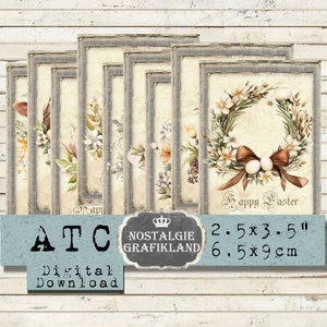 Wielkanocny wydrukowany koszyk z jajkami króliczkami wieniec dziennik ATC karty decoupage pobierz cyfrowy arkusz kolażu S160