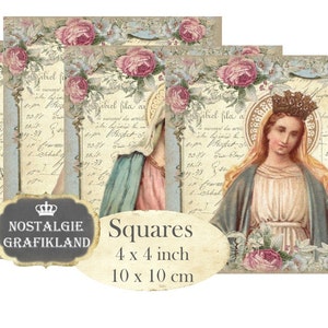 Madonna Shabby Chic Coaster Squares Holy Mary Holycards 4 x 4 inch Christmas Noel Relogious Instant Download digitale collage blad TG111