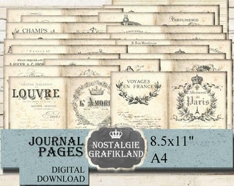 PARIS FRENCH Journal Pages Vintage Ephemera printable Tower Louvre France Travel Download JPA054
