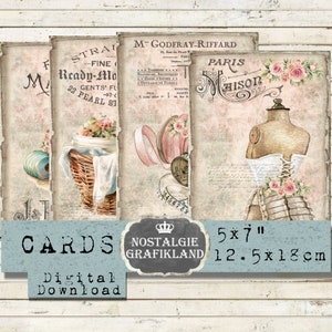 Sewing printable Shabby Chic Cards Dressform Yarn Threads prints Vintage Journaling Papers 7x5 inch Download digital collage sheet G068