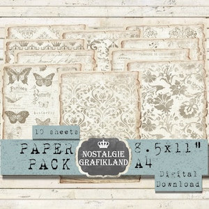 May include: A digital paper pack containing 10 sheets of vintage-style patterned paper. The paper features a light brown background with a grey floral design. The paper pack is 8.5 x 11 inches and is available for digital download. The text "NOSTALGIE GRAFIKLAND" is printed on the paper pack.