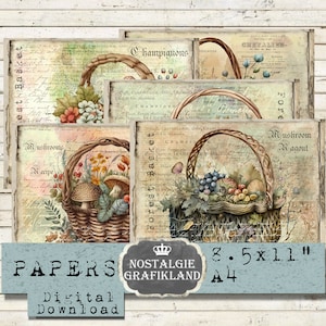CHAMPIGNONS Forêt imprimable Papiers paysage Panier Toadstool Journaling Prints Journaling Télécharger des feuilles numériques 11x8.5 pouces PPHE009