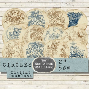 Feuille numérique vintage imprimable fleurs bleu sépia, journalisation sépia antique de scrapbooking, cercles de 2 pouces à télécharger C209
