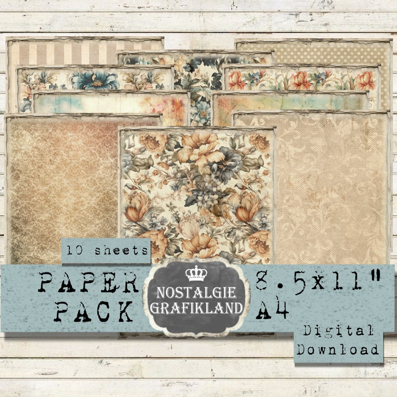 May include: A digital download pack of 10 vintage-style paper sheets with floral and patterned designs. The pack includes 8.5x11" and A4 sizes. The text "PAPER PACK" is displayed in a blue box with a crown logo and the text "NOSTALGIE GRAFIKLAND".
