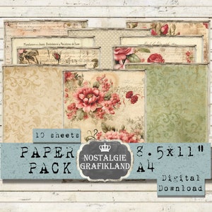 DISTRESSED ROSES Papers digital Vintage Red Rose Background printable Paper Pack printable Download digital collage sheet 8.5 x 11&quot; PP008