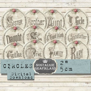 Palabras familiares imprimibles Sentimientos Madre Abuela Miembros de la familia Álbum Diario Diarios Círculos 2 pulgadas Descargar collage digital C296