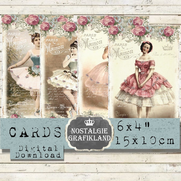 Ballerina Ballet Cards French Tutu Tulle Dancer Shabby Journaling 6x4" digital collage sheet D175