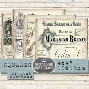 Sottobicchiere digitale French Squares Shabby Chic Squares 4x4 pollici Journaling Scrapbooking Scarica il foglio di collage digitale TG142