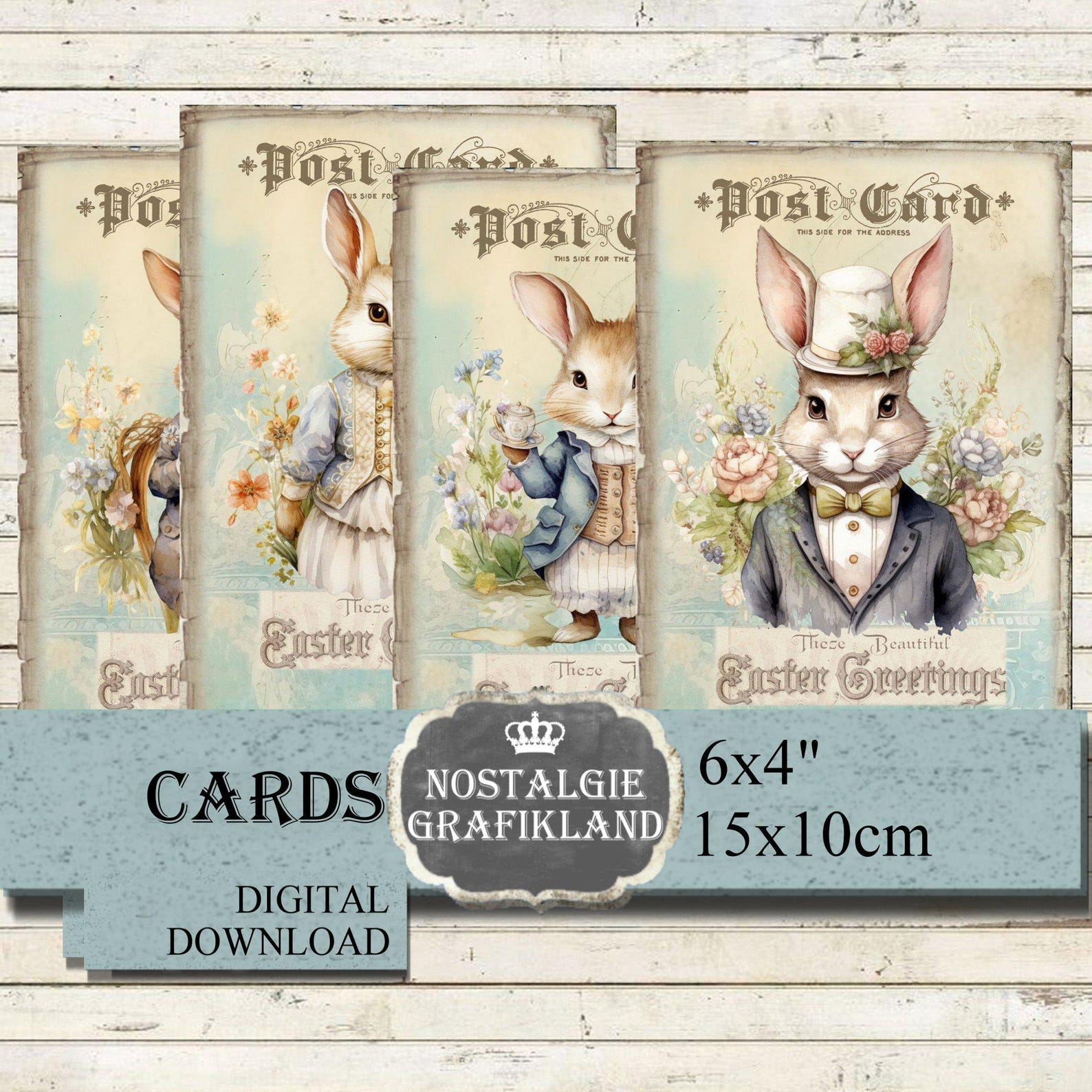 Easter Rabbits Postcards Printable Bunnies Bunny Cards 6x4 Journaling ...