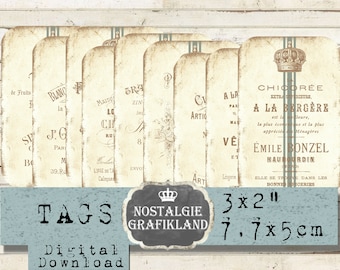 May include: Set of ten vintage-style printable gift tags with French text and a crown design. The tags are 3 inches by 2 inches and are available as a digital download.