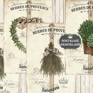 May include: Vintage-style botanical prints featuring "Herbes de Provence" signage. The prints showcase illustrations of herbs, including rosemary and thyme, with decorative bows and aged paper textures. A chalkboard sign reads "Nostalgie Grafikland."