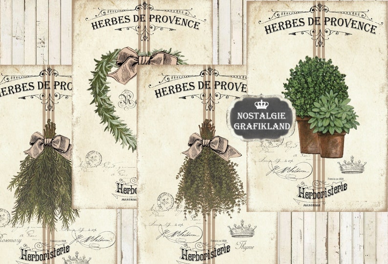May include: Vintage-style botanical prints featuring "Herbes de Provence" signage. The prints showcase illustrations of herbs, including rosemary and thyme, with decorative bows and aged paper textures. A chalkboard sign reads "Nostalgie Grafikland."
