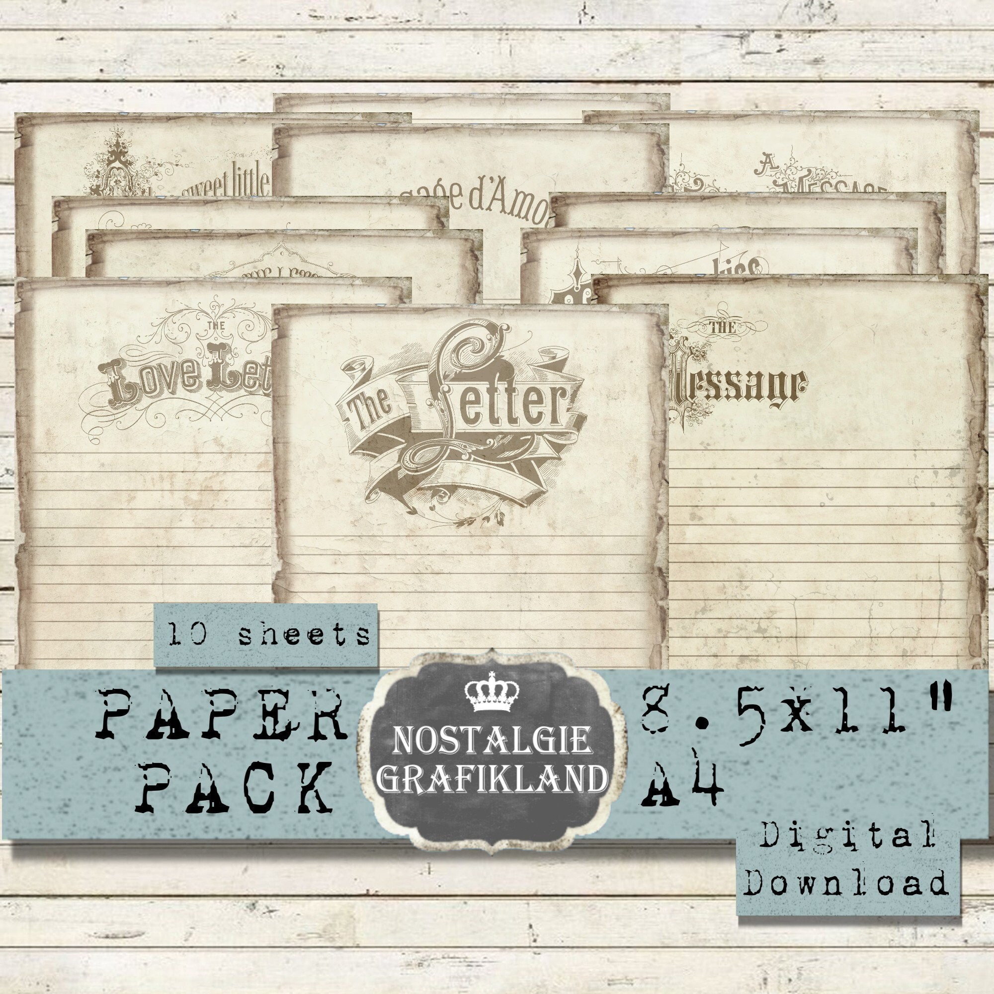LETTERHEAD printable Distressed Lined Writing Paper Pack Message Love JournalIing Vintage Download digital collage sheet 8.5x11" PP011