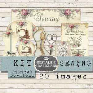 May include: A digital download kit of 20 images for sewing projects. The kit includes vintage-style images of sewing machines, scissors, fabric, and other sewing-related items. The images are in a light blue and white color scheme with a vintage aesthetic.