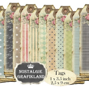 Shabby Chic Journal Tag Sfondo vintage stampabile stretto 1 pollice Tag Vecchi documenti Download immediato foglio di collage digitale T057