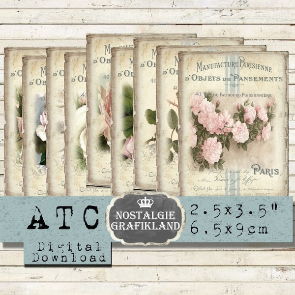 Shabby Chic French Roses printable Labels Journals Flowers ATC Instant Download digital collage sheet Manufacture Parisienne S179