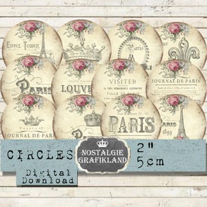 Tour Eiffel française cercles de 2 pouces France shabby chic imprimable téléchargement immédiat feuille de collage numérique C254