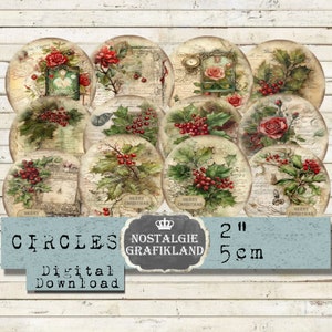 May include: Twelve digital printable circles featuring a vintage Christmas theme. The circles feature images of holly, berries, roses, and other festive elements. The circles are 2 inches in diameter.