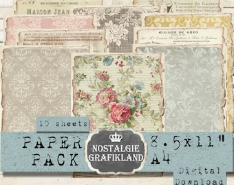 EPHEMERA printable Paper Pack Background Damask Invoice Ledger Junk Journal Journaling Download digital sheet 8.5 x 11&quot; PP192
