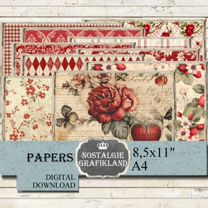 RED COLLECTION landscape printable Papers digital Paper Pack horizontal Journaling Scrapbook Vintage 8.5x11" PPH033