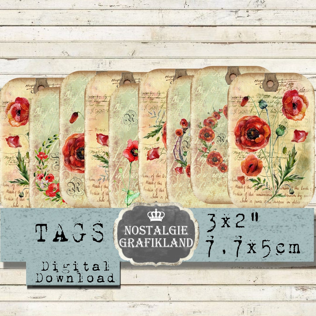 Red Poppies Tags Printable Red Flowers Vintage Poppy Download Digital ...