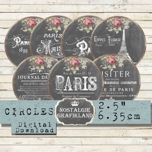 Chalkboard Paris imprimable French Circles Journaling Journals imprime Tour Eiffel Couronnes 2,5 pouces Télécharger la feuille de collage numérique C169