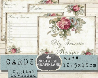 Recipe Cards Shabby Chic printable Bakery Cooking Journals Scrapbooking Download 5x7 digital sheet G107
