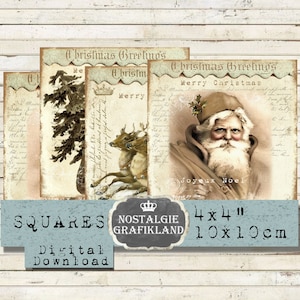 Kerstman afdrukbare kerst Coaster rendieren Noel Journaling prints vierkanten 4x4 inch Instant Download digitale collage blad TG128