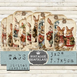 Kerstkonijntjes Tags printbaar Konijnen Vintage Journaling prints Elements Add on zelfprinting Download digitaal collageblad T219