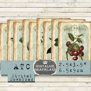 Mercado de frutas Mermelada Frutas Fresas Cerezas Confitura Etiquetas Revistas Vintage Descarga instantánea ATC hoja de collage digital S116