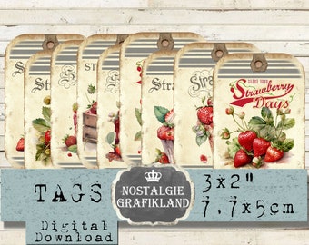 Strawberries Tags digital Fruits Journaling printable Download digital collage sheet T073