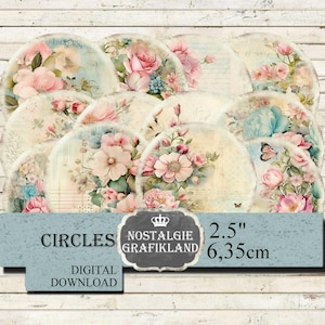 Afdrukbare lentebloemen shabby roze bloemen digitale pastel cirkels 2,5" digitaal blad downloaden C188