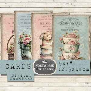Franse romantische Rose Cards Shabby Chic Ephemera Flowers Papers afdrukbare 5x7 inch digitale collage G078