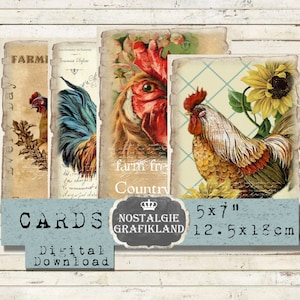 Farm Rooster Cards Farming Poultry Papers printable Vintage Journaling 5x7" Download digital sheet G033